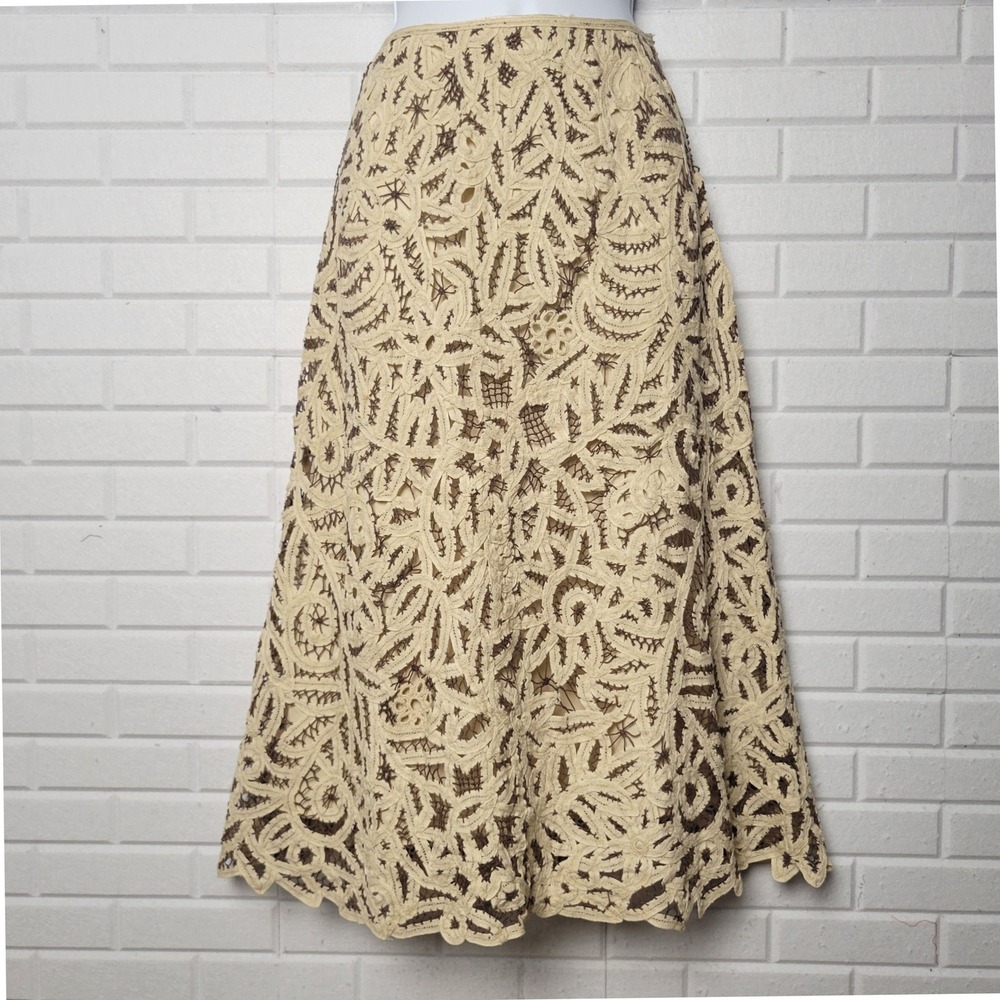 Vintage Lafayette 148 Battenburg Lace Skirt Sz 6 Ecru Silk Lined Boho Midi